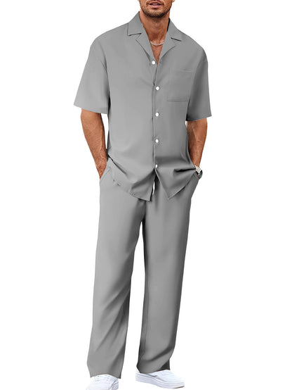 Mens Casual Two Piece Suit Loose Fit Short Sleeve Shirt and Trouser Set