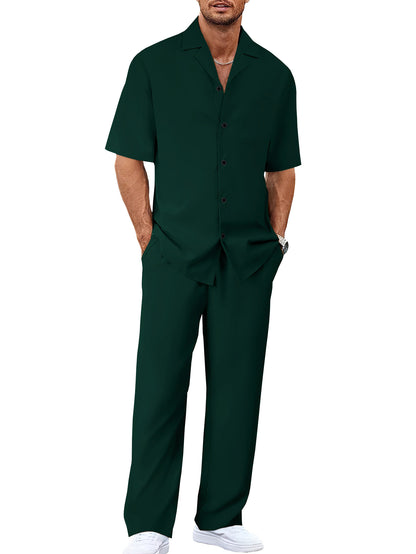 Mens Casual Two Piece Suit Loose Fit Short Sleeve Shirt and Trouser Set