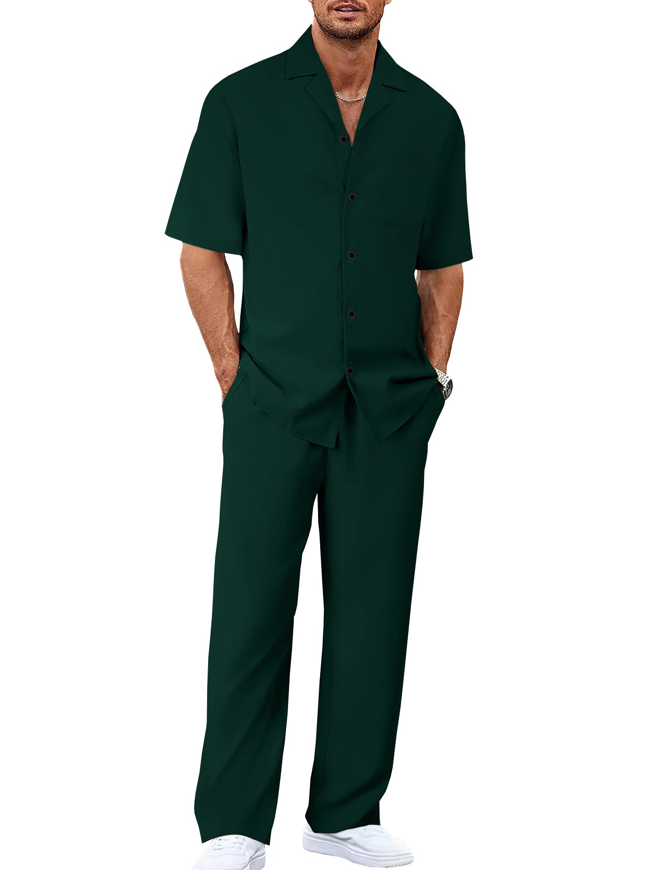 Mens Casual Two Piece Suit Loose Fit Short Sleeve Shirt and Trouser Set