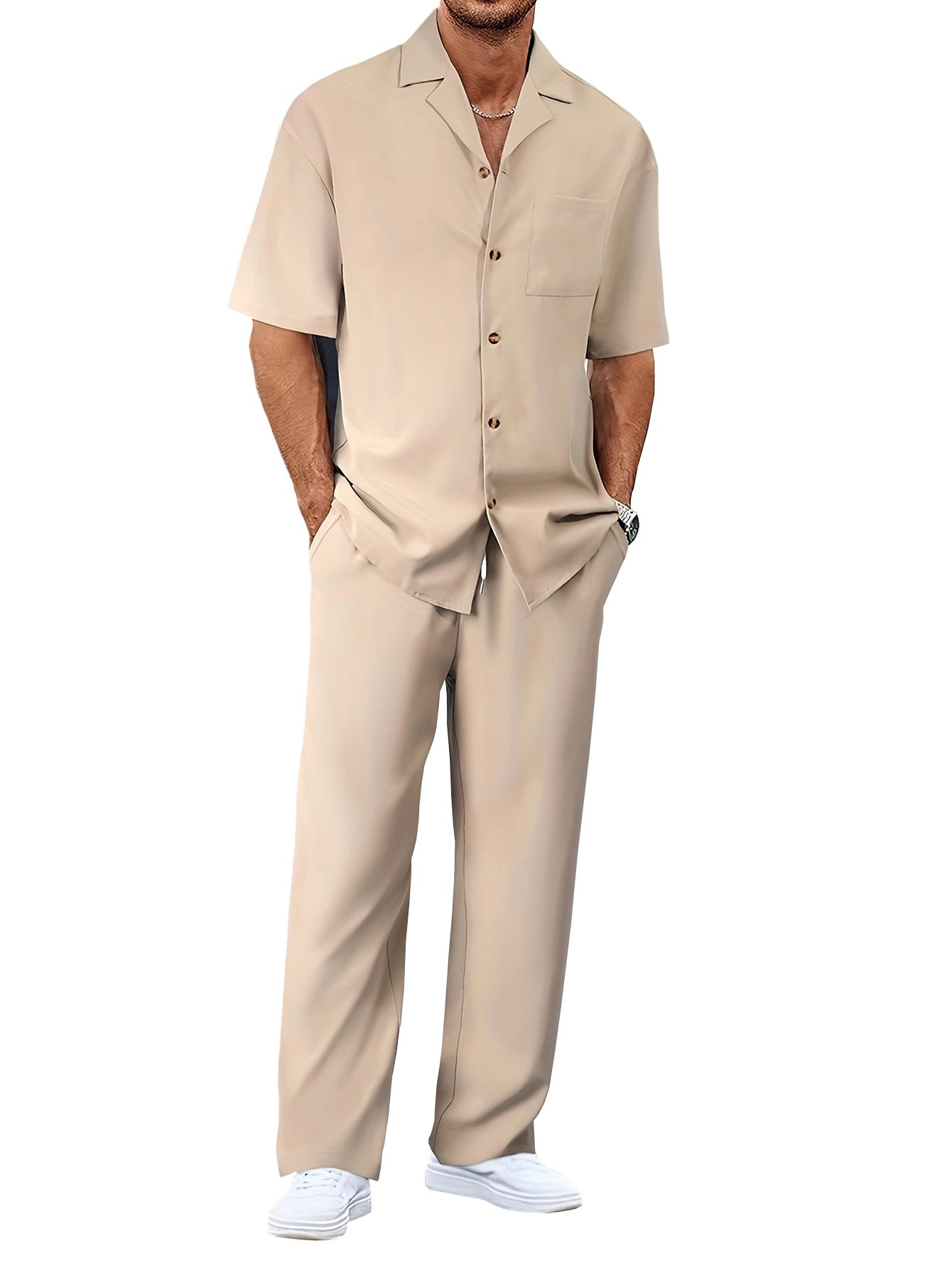 Mens Casual Two Piece Suit Loose Fit Short Sleeve Shirt and Trouser Set