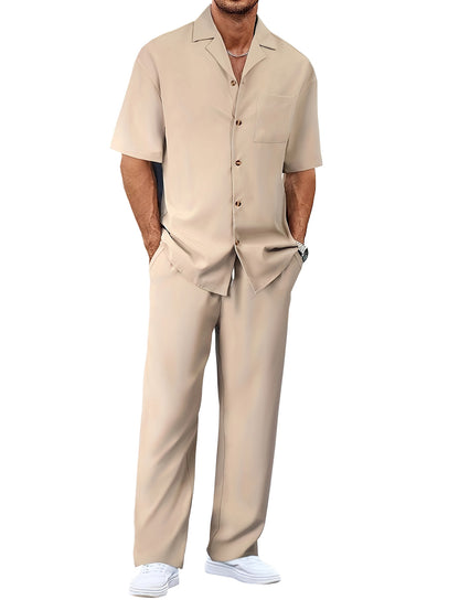 Mens Casual Two Piece Suit Loose Fit Short Sleeve Shirt and Trouser Set