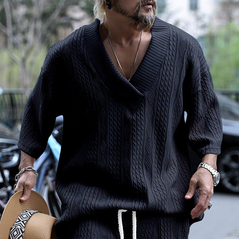 Mens Casual V-Neck Knitted T-Shirt