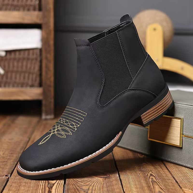 Mens Chelsea Leather Boots Casual Square Toe Slip On
