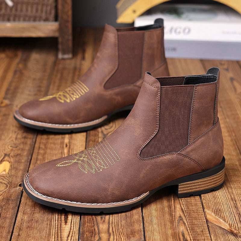 Mens Chelsea Leather Boots Casual Square Toe Slip On