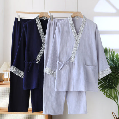 Mens Cotton Kimono Pajama Set Long Sleeve