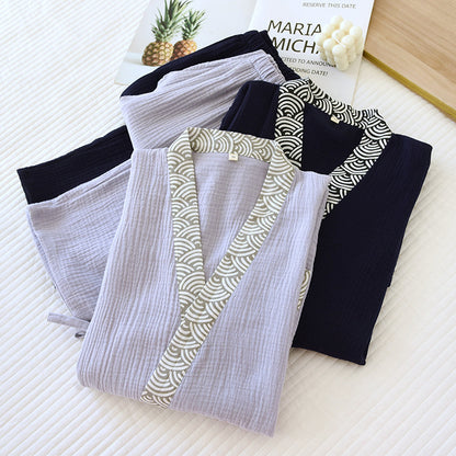 Mens Cotton Kimono Pajama Set Long Sleeve