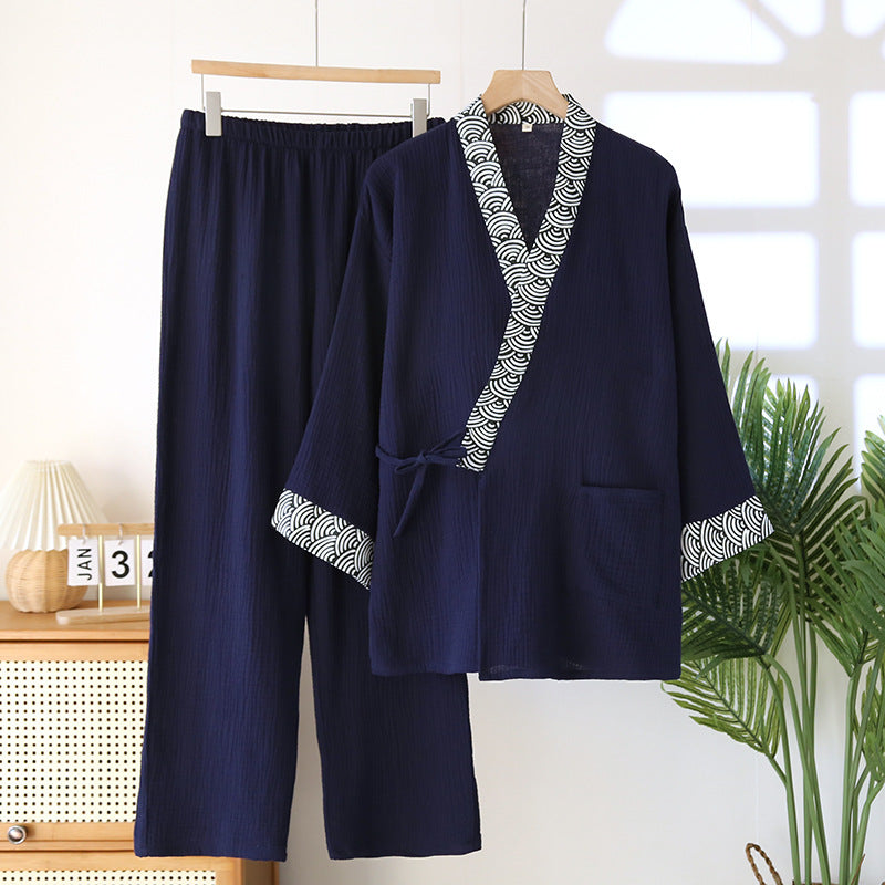 Mens Cotton Kimono Pajama Set Long Sleeve