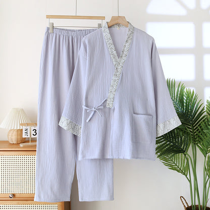 Mens Cotton Kimono Pajama Set Long Sleeve