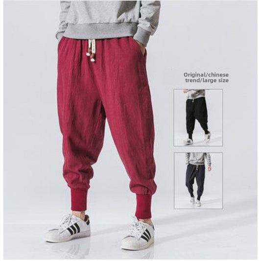 Mens Cotton Linen Casual Pants Chinese Style Loose Fit