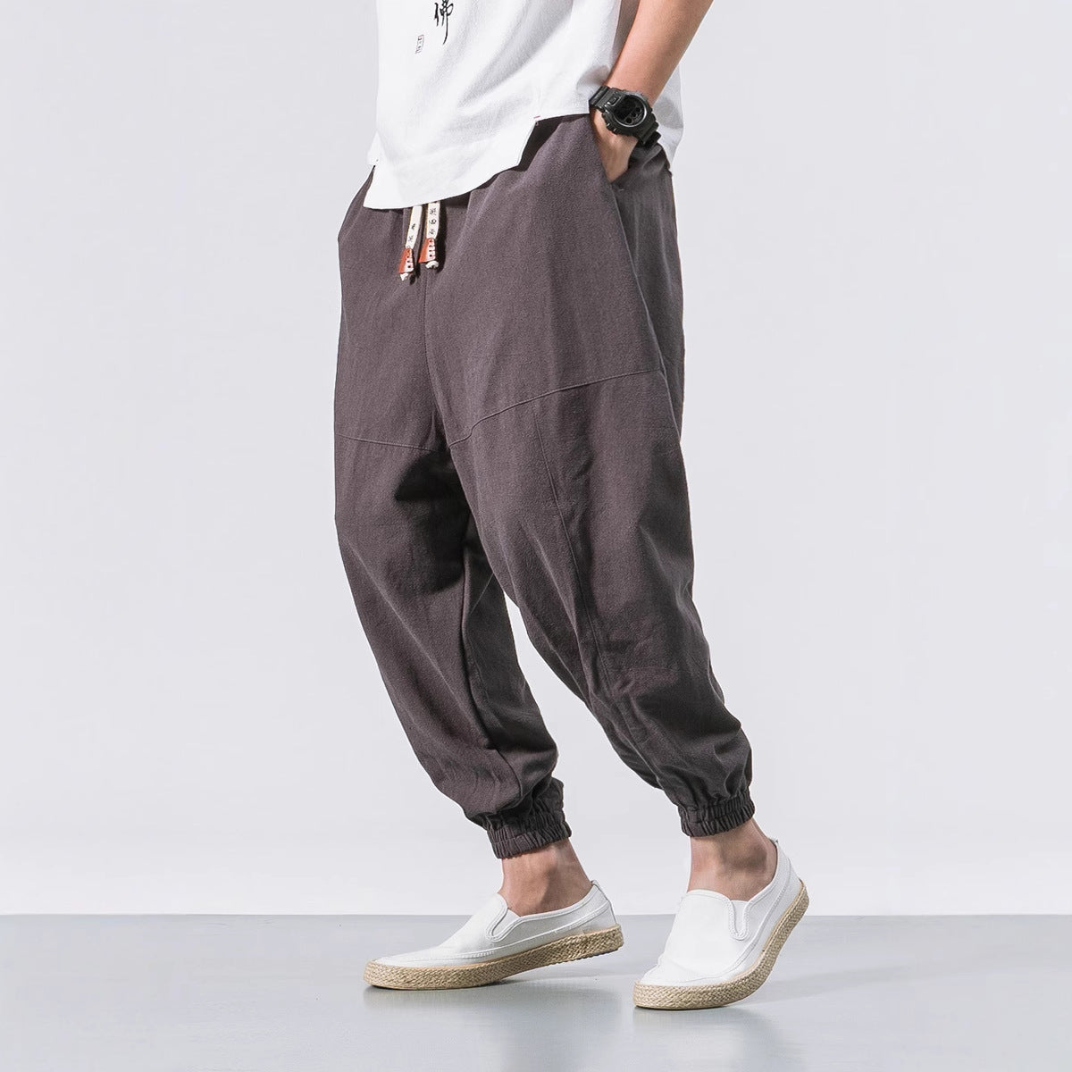 Mens Cotton Linen Casual Pants Chinese Style Loose Fit