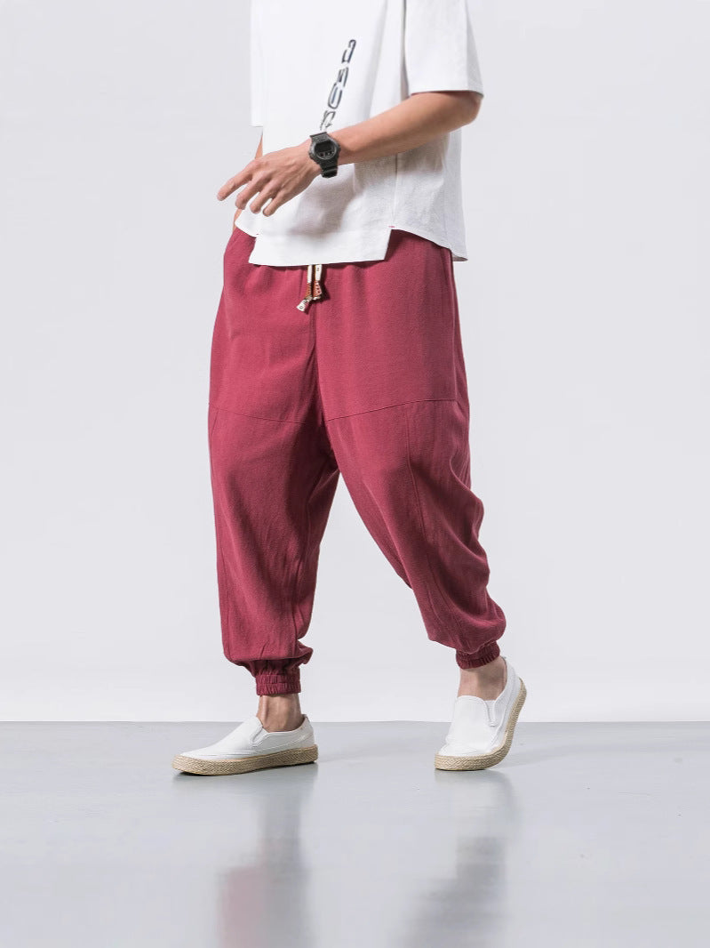 Mens Cotton Linen Casual Pants Chinese Style Loose Fit