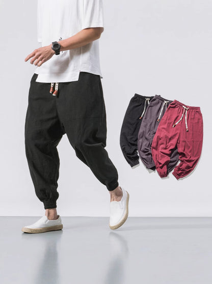 Mens Cotton Linen Casual Pants Chinese Style Loose Fit