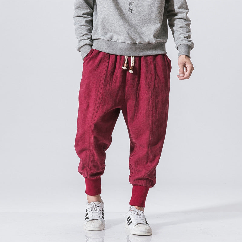 Mens Cotton Linen Casual Pants Chinese Style Loose Fit