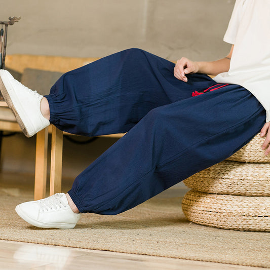 Mens Cotton Linen Casual Pants Chinese Style Loose Fit