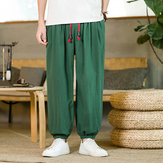 Mens Cotton Linen Casual Pants Chinese Style Loose Fit