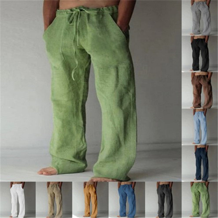 Mens Cotton Linen Drawstring Casual Pants