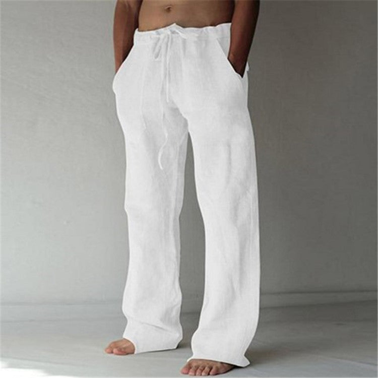 Mens Cotton Linen Drawstring Casual Pants