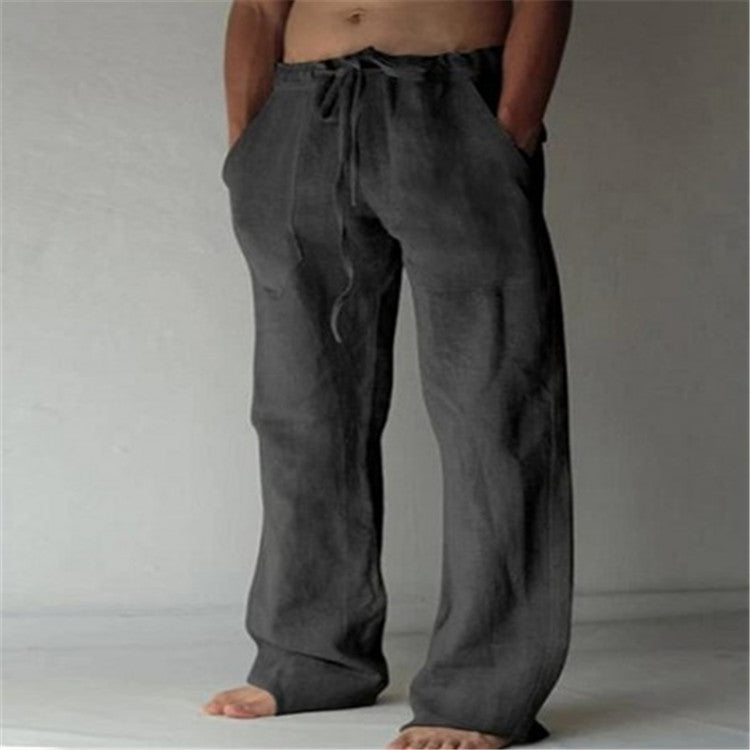 Mens Cotton Linen Drawstring Casual Pants