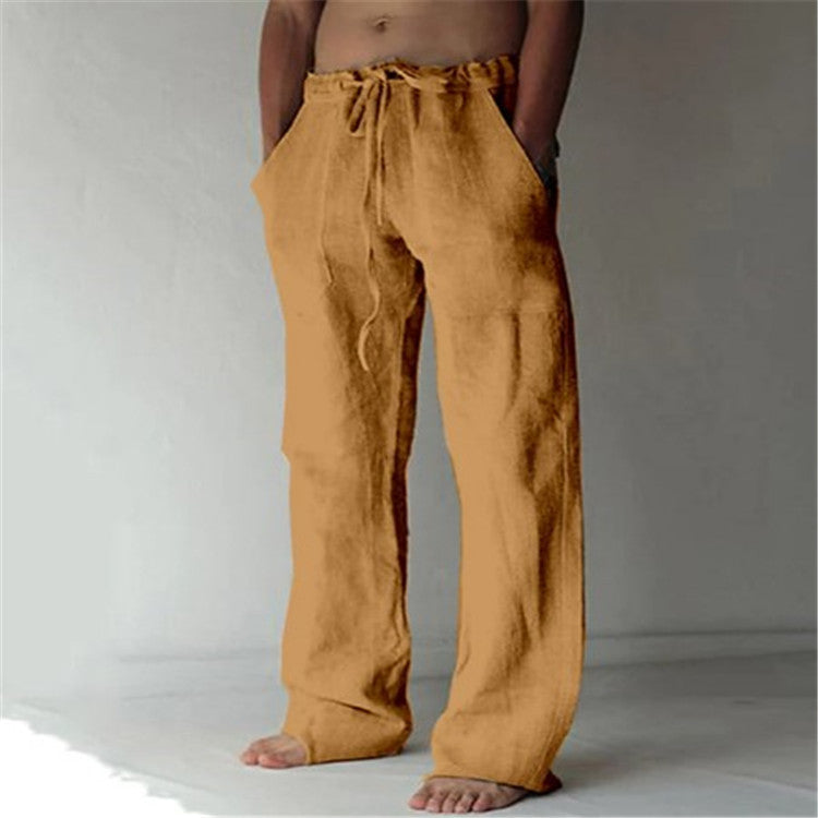 Mens Cotton Linen Drawstring Casual Pants