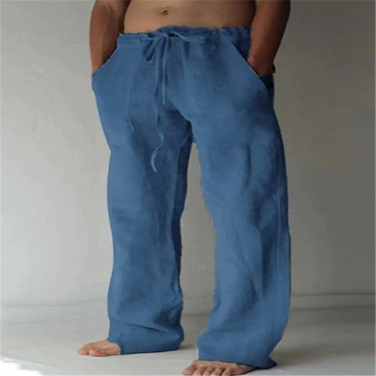 Mens Cotton Linen Drawstring Casual Pants