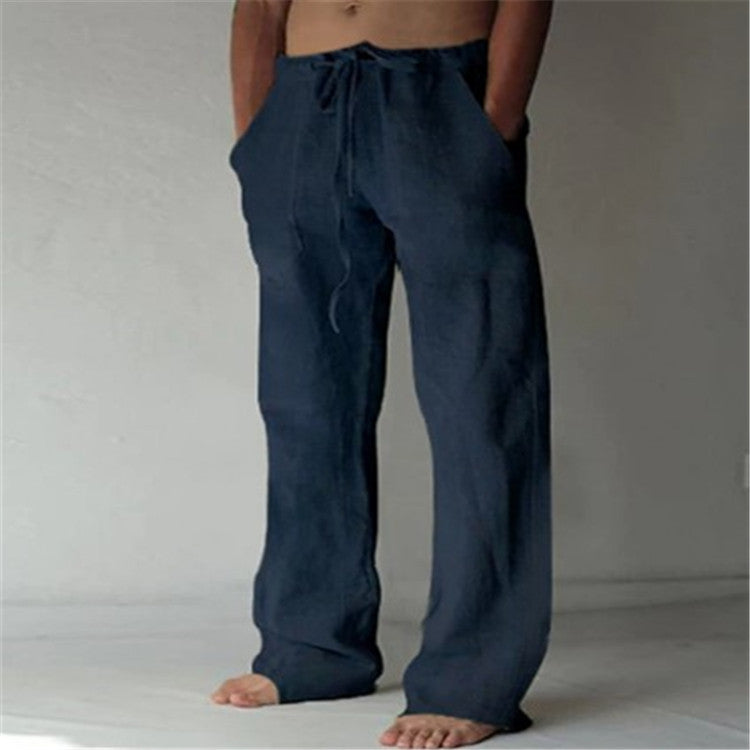 Mens Cotton Linen Drawstring Casual Pants