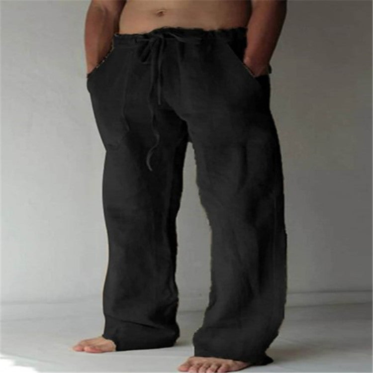 Mens Cotton Linen Drawstring Casual Pants