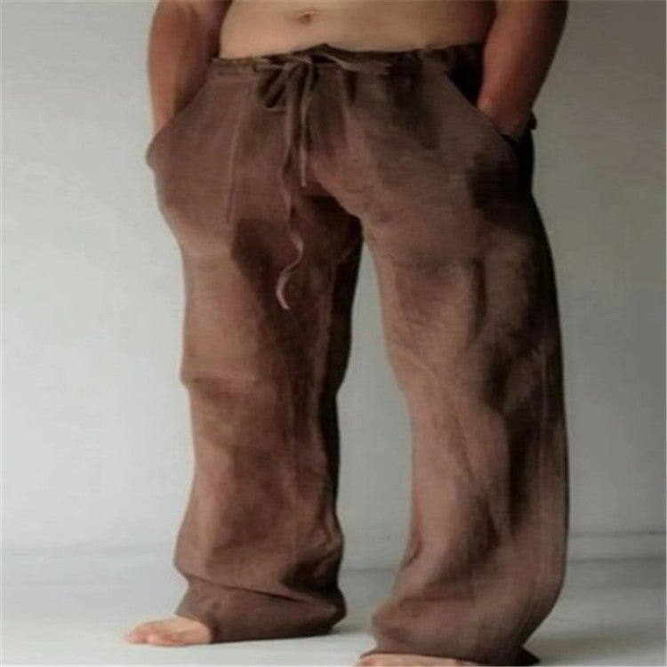 Mens Cotton Linen Drawstring Casual Pants