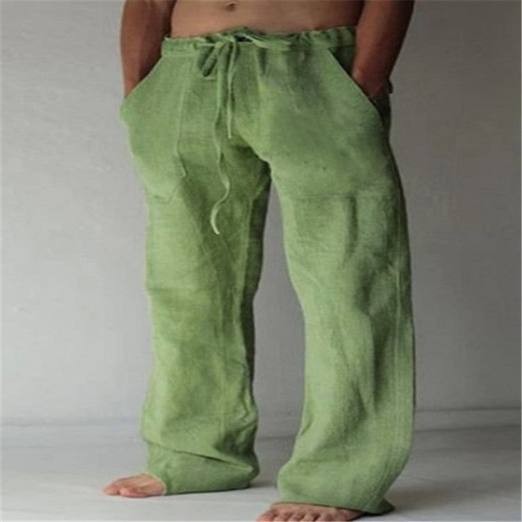 Mens Cotton Linen Drawstring Casual Pants