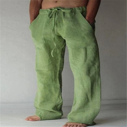 Mens Cotton Linen Drawstring Casual Pants