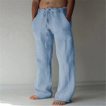 Mens Cotton Linen Drawstring Casual Pants