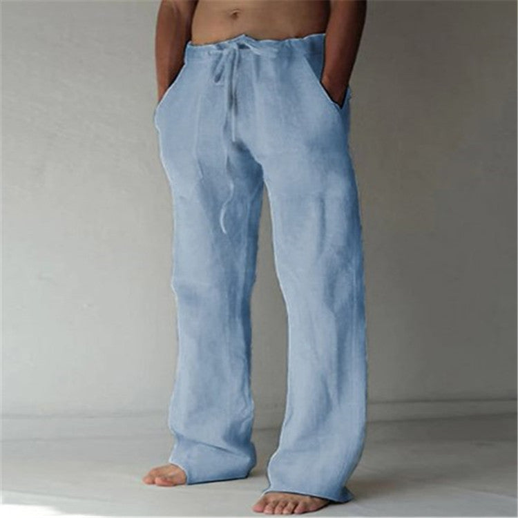 Mens Cotton Linen Drawstring Casual Pants