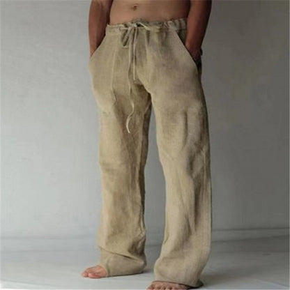 Mens Cotton Linen Drawstring Casual Pants
