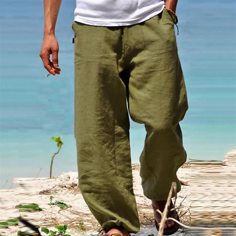 Mens Cotton Linen Drawstring Casual Pants