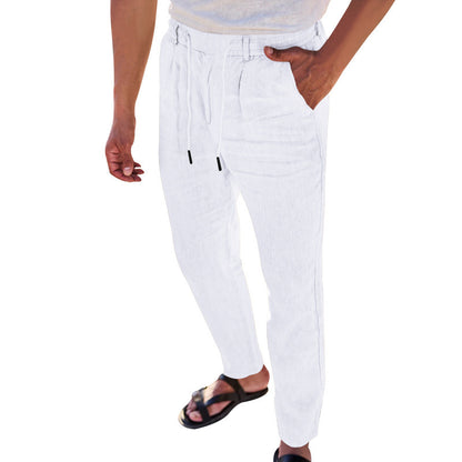 Mens Cotton Linen Drawstring Straight Pants