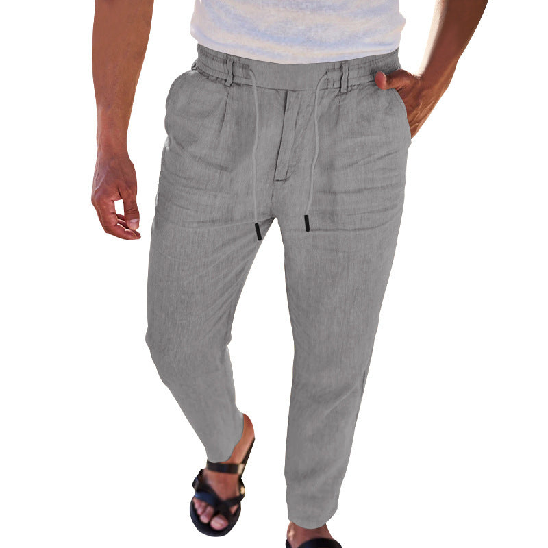 Mens Cotton Linen Drawstring Straight Pants