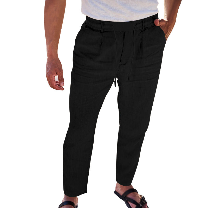 Mens Cotton Linen Drawstring Straight Pants