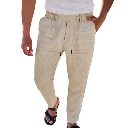 Mens Cotton Linen Drawstring Straight Pants