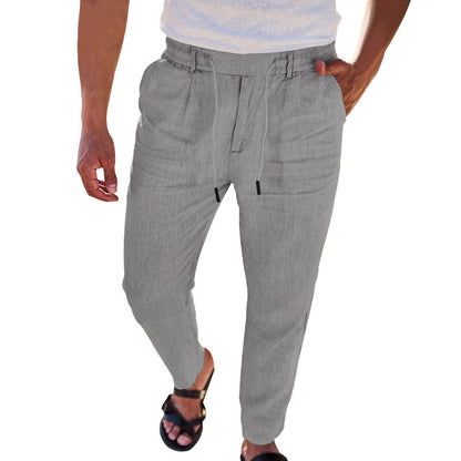 Mens Cotton Linen Drawstring Straight Pants