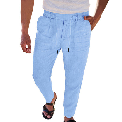 Mens Cotton Linen Drawstring Straight Pants