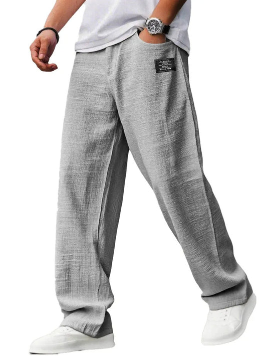 Mens Cotton Linen Drawstring Waist Casual Trousers