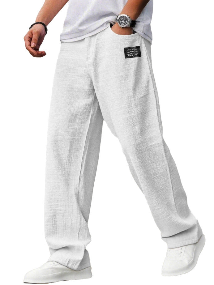 Mens Cotton Linen Drawstring Waist Casual Trousers