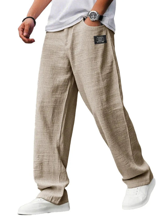 Mens Cotton Linen Drawstring Waist Casual Trousers