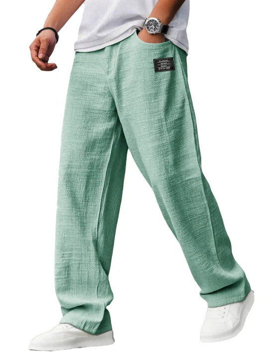 Mens Cotton Linen Drawstring Waist Casual Trousers