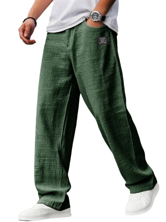 Mens Cotton Linen Drawstring Waist Casual Trousers