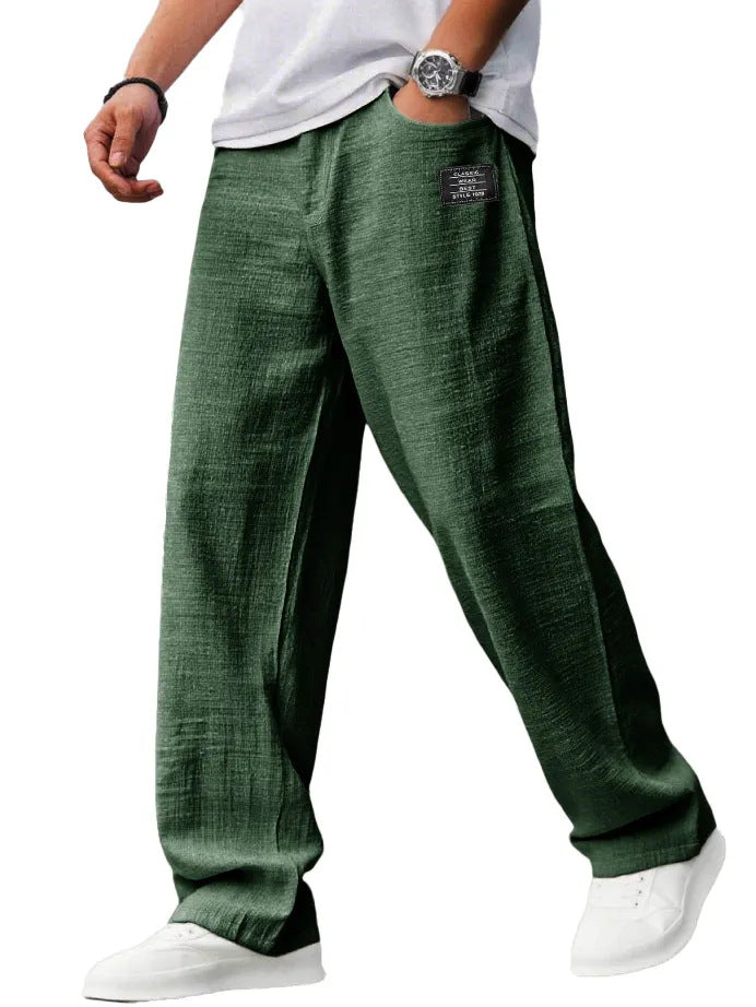 Mens Cotton Linen Drawstring Waist Casual Trousers