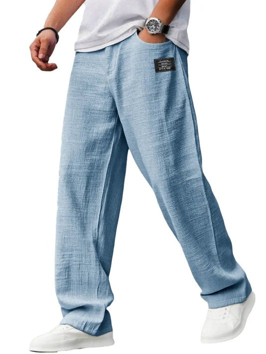 Mens Cotton Linen Drawstring Waist Casual Trousers