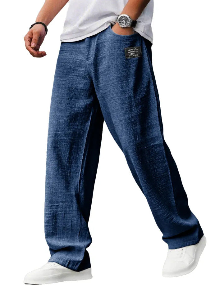 Mens Cotton Linen Drawstring Waist Casual Trousers