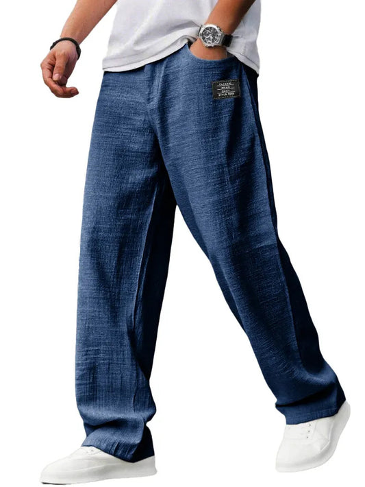 Mens Cotton Linen Drawstring Waist Casual Trousers