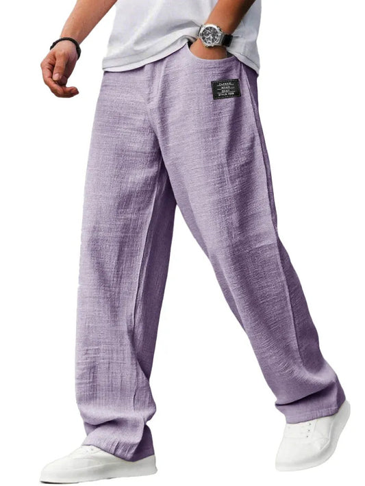 Mens Cotton Linen Drawstring Waist Casual Trousers