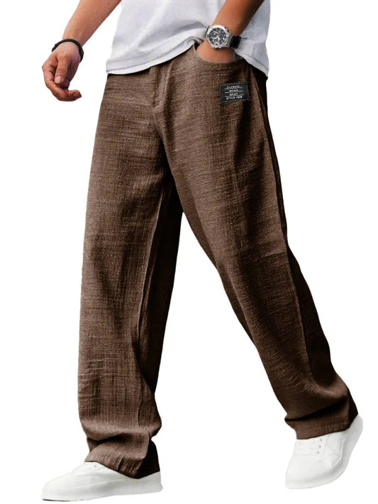 Mens Cotton Linen Drawstring Waist Casual Trousers